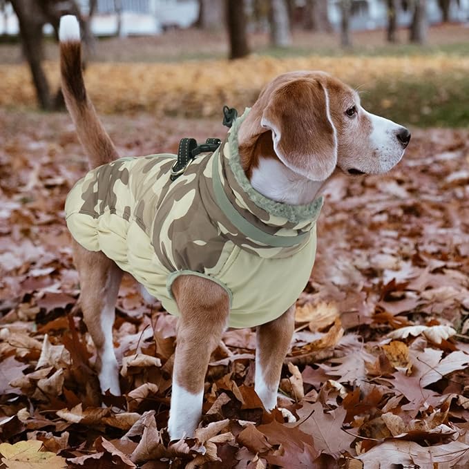Lelepet Warm Dog Winter Coat Dog Coats for Large Dogs Waterproof Dogs Jacket with Harness Built in Reflective Cold Weather Coats Zip-Up Winter Fleece Vest Snowsuit Boston Terrier Desert Camo L