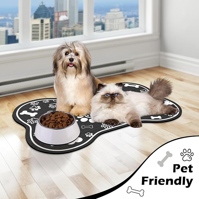 Dog Cat Food Mat,Rapid Absorbent Pet Feeding Mat, Bone Shaped Dog Placemat Water Bowl Mat with Rubber Backing,No Stains Dog Cat Food Mats Indoor, Pet Accessories Supplies 23"x36" Black