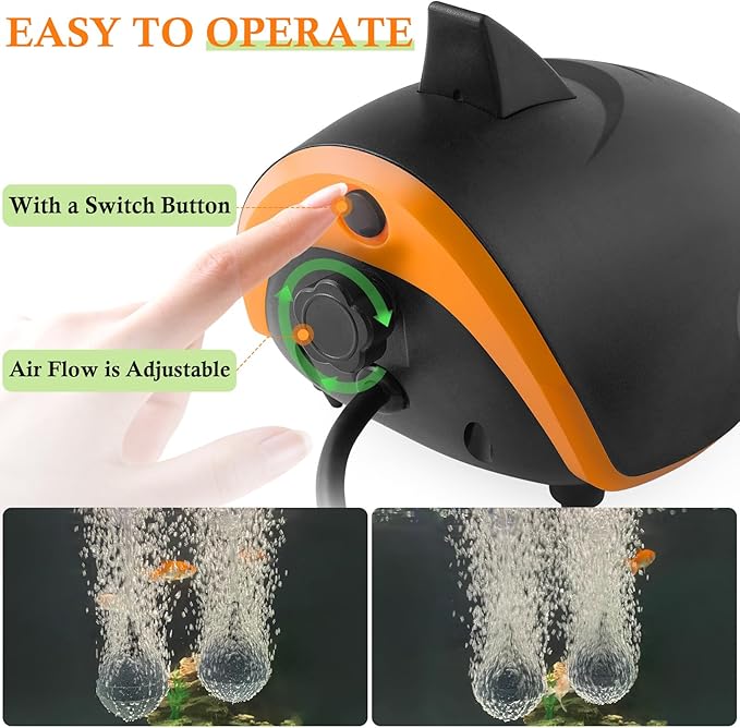 HITOP 4W 110GPH Powerful Aquarium Air Pump, Quiet 2-outlets Aquarium Aerator, Adjustable Fish Tank Air Pump with Accessories, for 20-200 Gallon Tank, with ON/Off Button and LED-Decor
