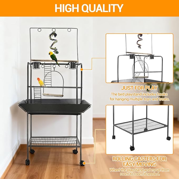 Small Parrot Playstand with Wheels, Bird Stand Activity Play Center with Perches and Ladders, Indoor Outdoor Playground for Birds with Swing Black Hammertone Finish