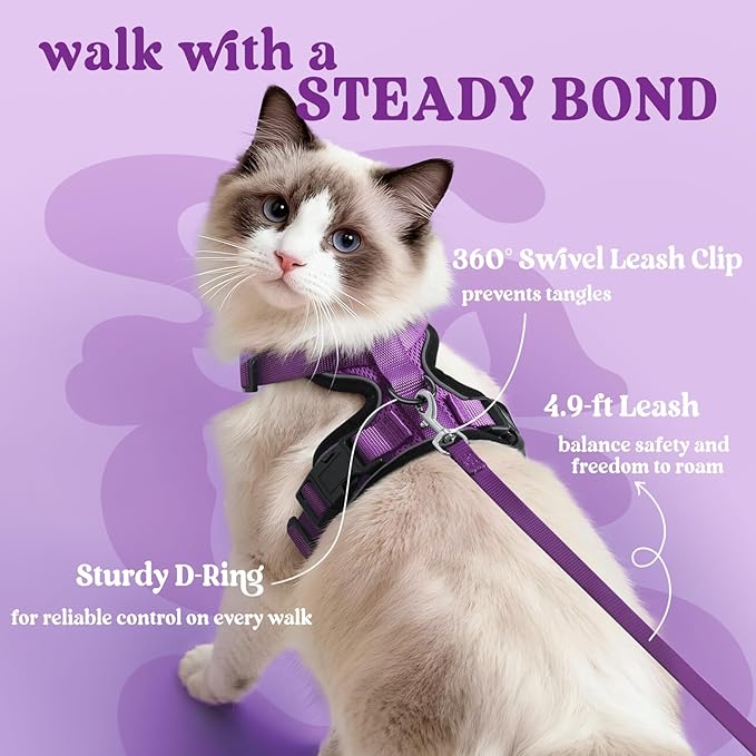 rabbitgoo Cat Harness and Leash for Walking, Escape Proof Soft Adjustable Vest Harnesses for Cats, Easy Control Breathable Reflective Strips Jacket, Purple, XS