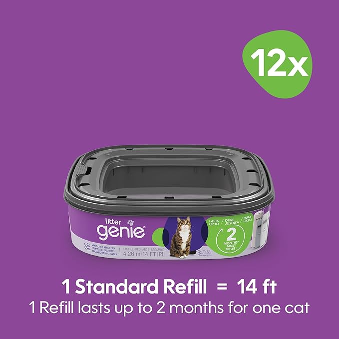 Litter Genie Refill Bags | Standard 12-Pack, 168 total ft | Up to 24 Months of Supply | Ultimate Odor Control Cat Litter Bags