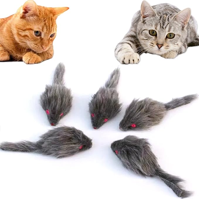 Cat Toys, 5 Pack Faux Fur Cat Mouse Toy, Interactive Cat Toy 6.3” Realistic Size Grey Furry Rattle Mouse Without Catnip Kitten Mice Toy for Bored Indoor Adult Cat, Feline Chew Toy Self Play