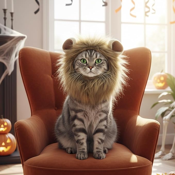 Cat Halloween Costumes - Adjustable Lion Mane Wig Pet Costumes for Cats (S)