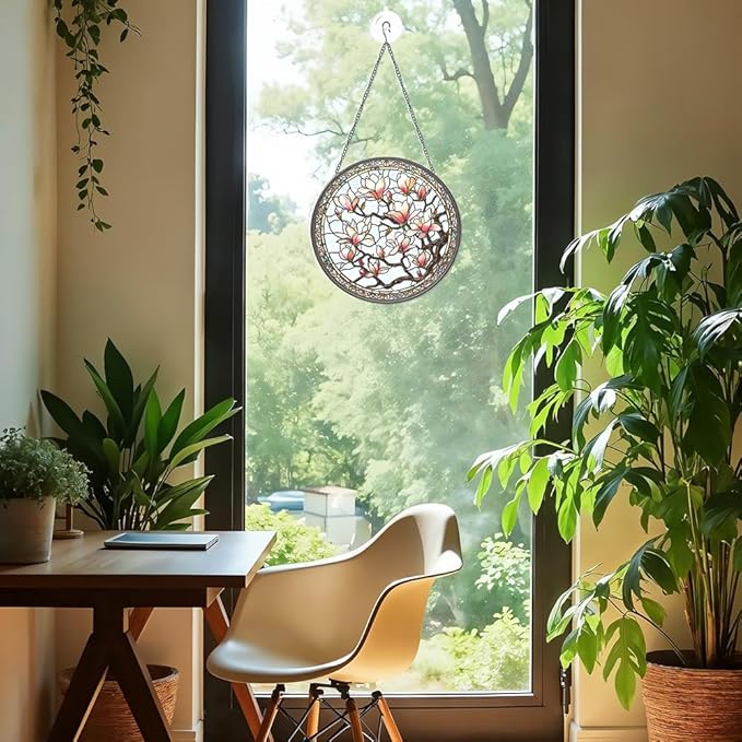 Stained Glass Window Hanging - Flowers Suncatcher - Vibrant Sun Catchers Indoor Hanging Decor, Flower Gifts for Women & Plant Lovers, Housewarming, Friendship， Birthday or New Home Celebration