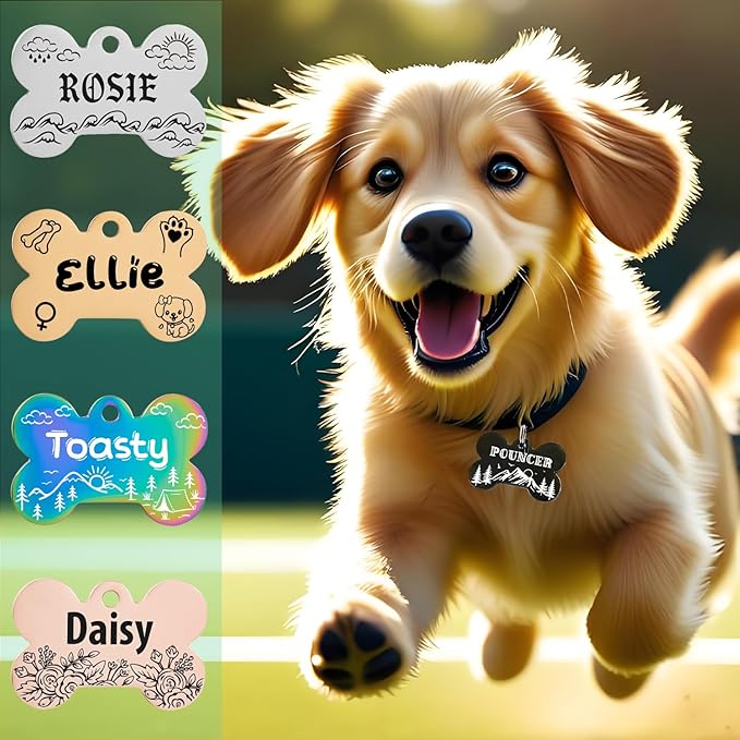 Personalized Pet ID Tags, Customizable Hexagon, Bone and Round Shapes, Multiple Designs with Mountain, Floral, and Night Sky Patterns, Stainless Steel Dog and Cat Tags (Bone)