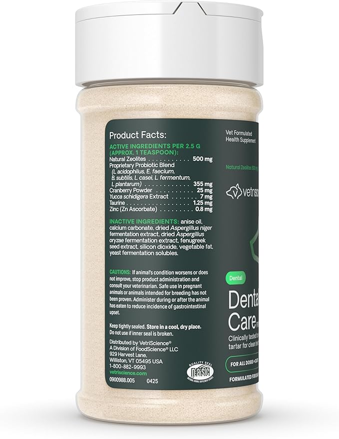VetriScience Dental Care Powder for Dogs & Cats – Helps Reduce Plaque & Tartar Buildup, Support Clean Teeth & Fresher Breath, Clinically Tested, Vet-Formulated Oral Care Supplement, 4.2 oz