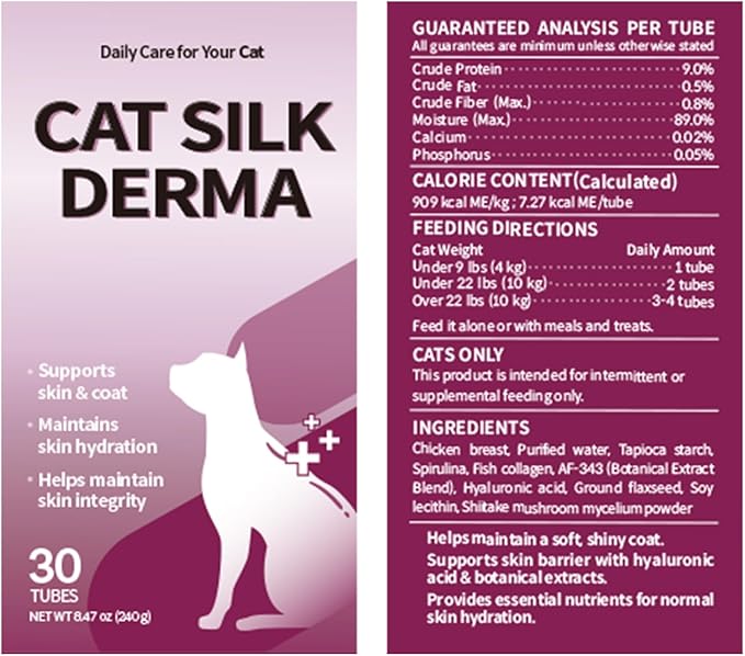 Doctor By Cat Silk Derma Skin and Coat Supplement for Cats Itch Skin Relief, Dandruff Treatment Scab, Overgrooming, Allergy Relief for Cats 30 lickable Formula Individually Packaged, Chicken(1 Pack)