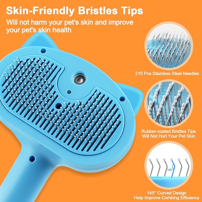 Pet Steam Brush for Dogs, 4 in 1 Cat Steam Brush for Long Short Haired, Self Cleaning Brush for Shedding, Metal Pet Misting Hair Comb with Handle for Grooming Kitten Dog(Blue)