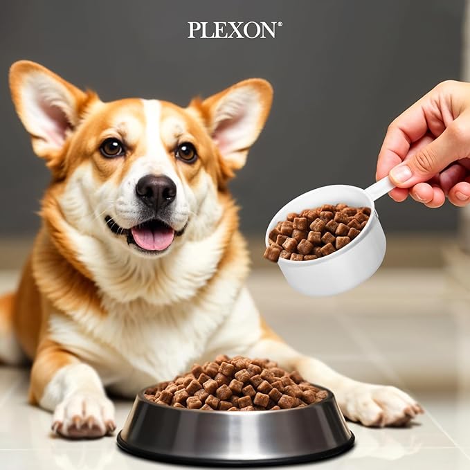 Plexon Metal Dog Food Storage Container with Scoop - Small Dog Food Container 10lbs Holder Treat Jar Bin with Lid - Pet Chow Storage Canister Tin, 2 Gallon, White