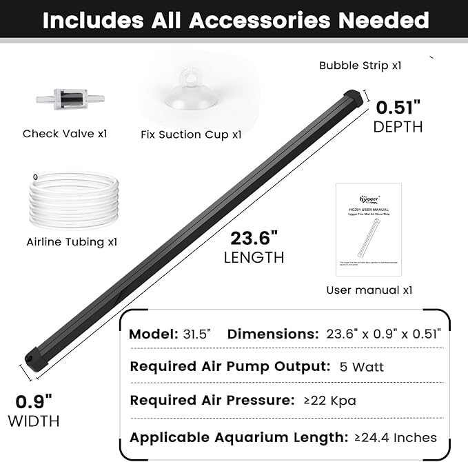 hygger Weighted Nano Mist Bubble Wall Bar, 23.6" Self-Sinking ABS Air Stone Strip with Gentle Oxygen Diffuser for Freshwater & Marine Aquarium, Hydroponics