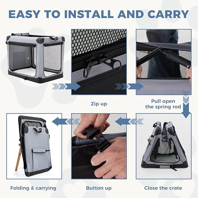 DUMOS Dog Crate 24 Inch Travel Cat Pet Carrier for Small Dog, Portable Foldable Soft Pet Airline Approved Crate with Storage Bag & Washable Pad for Indoor Outdoor Dog Kennel Carrier (S-30lbs, Grey)