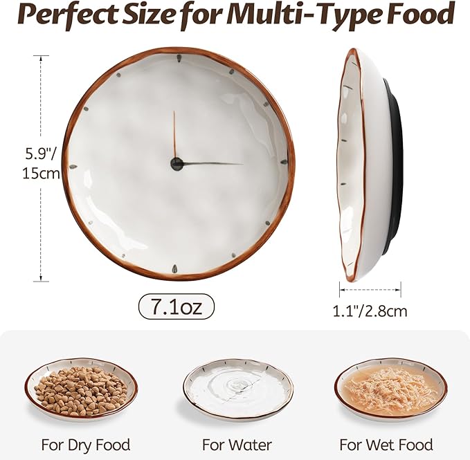 Clock Cat Food Bowl,Non-Slip Silicone Bottom Cat Bowls for Indoor Cats,Anti Whisker Fatigue Cats Dishes Set,Shallow Wide Kitten Plates for Food and Water,3 Pack