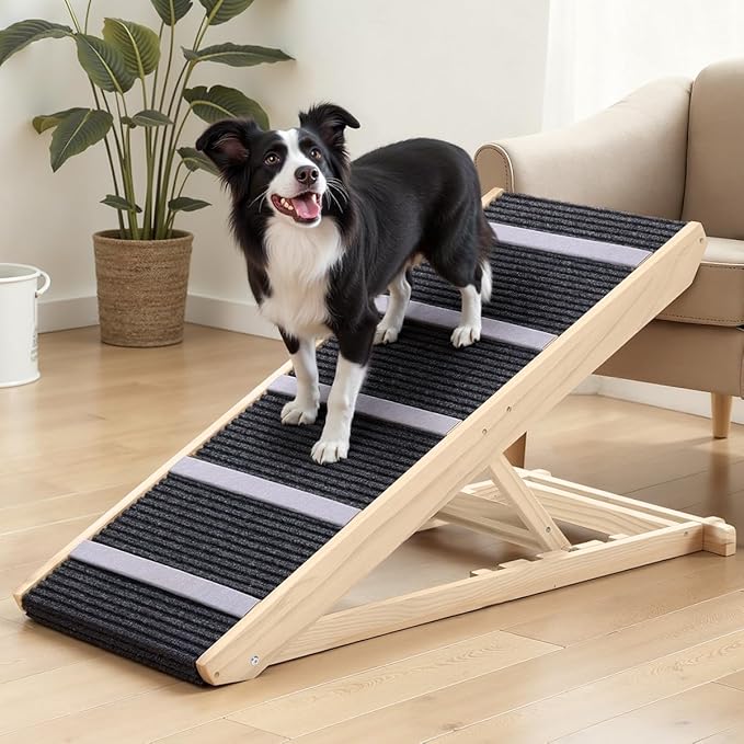 Dog Ramp for Bed, 39.4"L 16.9'' Extra Wide Wooden Dog Ramp for Couch with 4 Adjustable Heights from 15"to 23", Non-Slip Walkway & Bottom, Foldable Pet Ramp for Sofa, Bed, Car, Supports Up to 200 Lbs