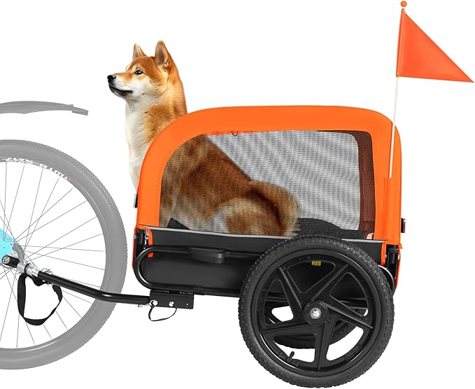 Sepnine Dog Bike Trailer, Dog Cart for Bicycle, Suitable for Small and Medium Pets, Easy Folding Cart Frame, Quick Release Wheel, Non-Slip Floor, Internal Leash, 66LBS Orange