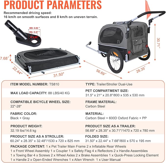 VEVOR Dog Bike Trailer, Supports up to 66/88/100 lbs, 2-in-1 Pet Stroller Cart Bicycle Carrier, Easy Folding Cart Frame with Quick Release Wheels, Universal Bicycle Coupler, Reflectors, Flag