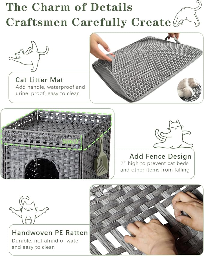 Cat Litter Enclosure with Hidden Litter Mat and Rattan Cat House, Supports Two Litter Boxes, Ideal for Living Room or Bedroom (Gray)