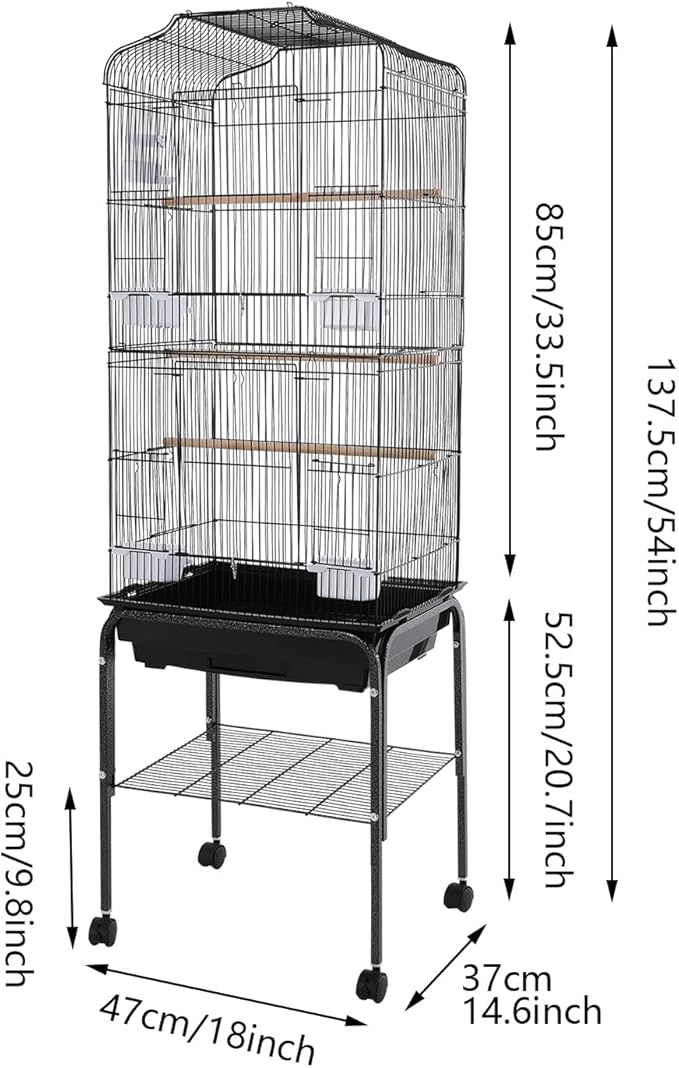 Bird Cage with Wheels, Breeding Cage Wrought Iron Flight Cage with Wooden Stand, Removable Tray & Feeding Bowls for Parrots, Canaries, Lovebirds Finches, 18" L x 14.6" W x 54" H