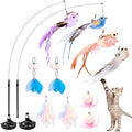 Cat Toys Wand, Interactive Cat Toy with Super Suction Cup Sticky Detachable 12 PCS Feather Replacements 2 Wands Cat Spring Feather Toys for Indoor Cats Kitten Toys (4 Birds Replacements)