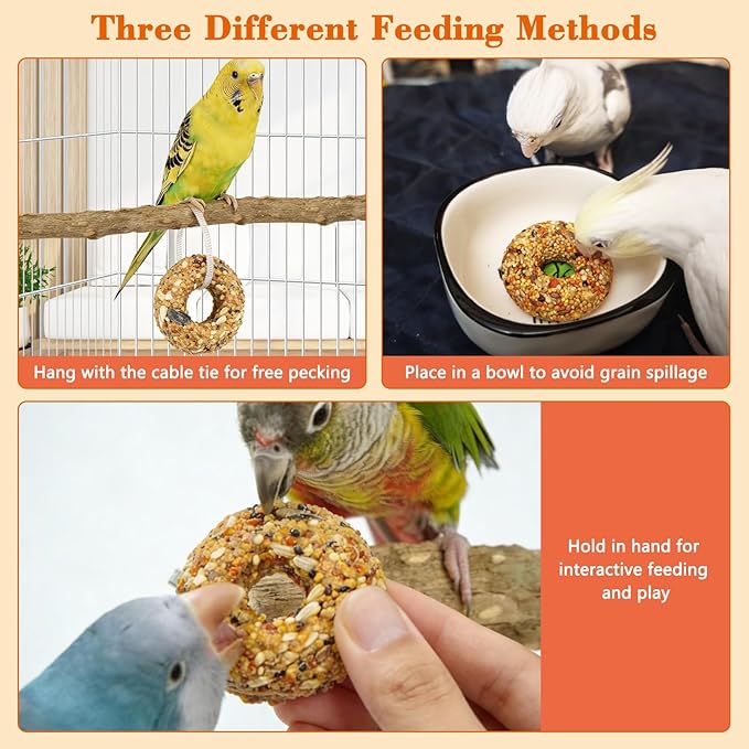 Fhiny Parakeet Treats, 8 PCS Donut Shaped Natural Grain Cockatiel Food with Fruits Vegetables Flowers and Herbs for Parrot Conure Lovebird Training Rewards and Beak Grinding