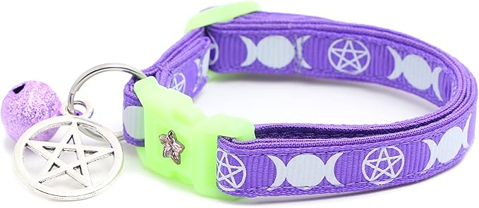 Wicca Cat Collar with Occult Charm & Bell | Witch’s Familiar Cat Collar | Witch Kitten Collar Charms | Glow in The Dark | Safety Breakaway Collar (Small(10lbs & Less), Solid Purple)
