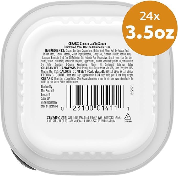 Cesar Classic Loaf in Sauce Adult Wet Dog Food Chicken and Veal Recipe, 3.5 oz. Easy Peel Trays, 24 Count (Pack of 1)