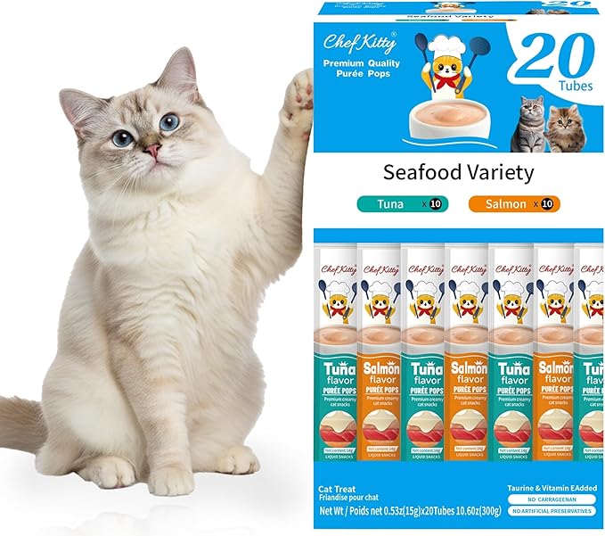 Cat Treats Lickable | Grain-Free Tuna & Salmon Cat Treats | Creamy Puree Squeeze Ups with Vitamin E & Taurine, Digestible Formula | 0.5 oz. Each Tube, Seafood Mix Variety | 20 Tubes