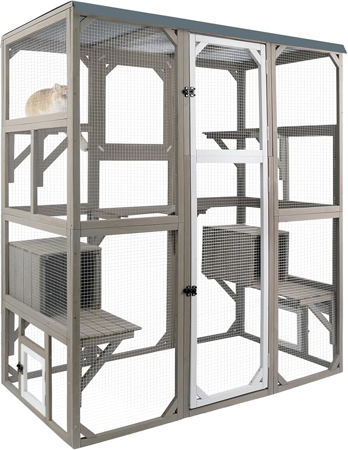 PetsCosset Outdoor Cat Catio Enclosures Large Wooden Cat House Patio for Indoor Cats Feral Cat Shelter with 2 Espace Doors, 2 Resting Rooms, 5 Platforms, Removable Waterproof Cover 67.7" H