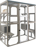 PetsCosset Outdoor Cat Catio Enclosures Large Wooden Cat House Patio for Indoor Cats Feral Cat Shelter with 2 Espace Doors, 2 Resting Rooms, 5 Platforms, Removable Waterproof Cover 67.7" H