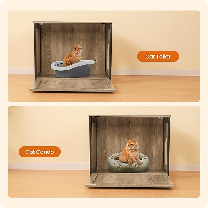 Dwanton Cat Litter Box Furniture Hidden, Cat Litter Box Enclosure, Reversible Entrance Can Be on Left or Right Side, Indoor Cabinet, Wooden Washroom, End Table, Nightstand, Greige, 27.6" L