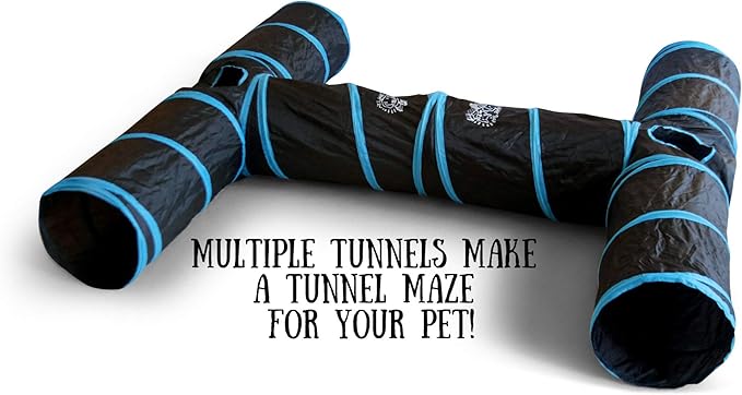 Feline Ruff Premium 3 Way Cat Tunnel. Extra Large 12 Inch Diameter and Extra Long. A Big Collapsible Play Toy. Wide Pet Tunnel Tube for Other Pets Too! (3 Way Two Pack + Teaser Wand!)