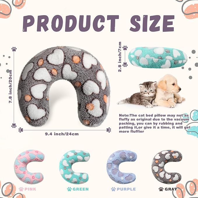 Sweetude 4 Pcs Pillows for Cats Puppy Bed Fluffy Pet Calming Soft Gifts Half Donut U Shaped Pet Neck Pillow Training Joint Relief Cervical Protection(Heart,Medium)