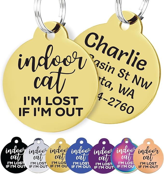 GoTags Personalized Small Indoor Cat Tag - Engraved with 4 Lines of Custom ID, Gold Stainless Steel Round Pet ID Tag