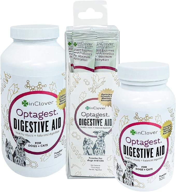 InClover Optagest Natural Digestive Aid, Organic Prebiotics & Enzymes Supplement Powder for Dogs and Cats - Promotes Healthy Stools, Less Gas, Optimal Nutrient Absorption, Intestinal Balance, 7 sticks