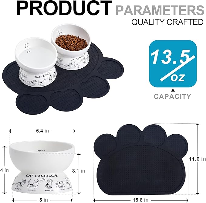 Ceramic Raised Cat Bowls | Tilted Elevated Bowl for Food and Water | Small Dog Bowl With Anti-Slip Silicone Pet Food Mat | 2 Pack Black Set
