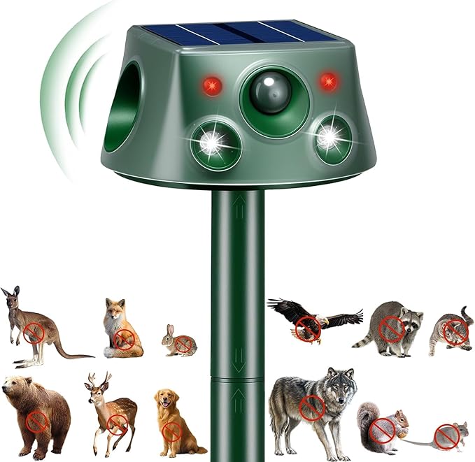 Upgraded 360° Solar Animal Repellent: Cat Repellent Outdoor | Ultrasonic Pest Repeller with Motion Detection & PIR Sensors | Squirrel Repellent for Sankes, Raccoons, Dogs, Skunk, Rabbit, Rodent IP66