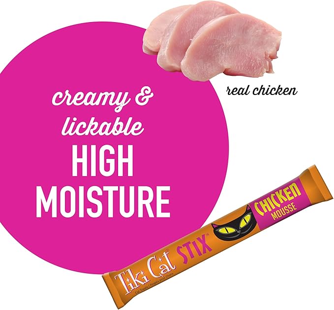 Tiki Cat Stix Mousse Treats,Single Serve Indulgent Lickable Treat or Dry Food Topper,with Chicken in Creamy Gravy,0.5 oz. Servings,(Pack of 40)