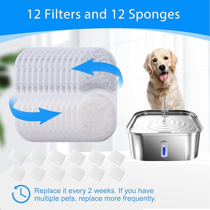 12+12PCS Dog Water Fountain Filters Replacement Compatible with MAILOFY 14L/3.7Gal Dog Water Bowl Filter, Activated Carbon & Sponges for Stainless Steel Dog Fountain