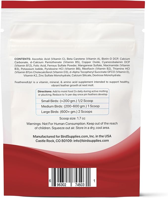 UnRuffledRx FeatherUp! Bird Molting Support & Feather Growth Supplement - for Plucking, Regrowth & Molt - Multivitamin & Amino Acids for All Birds - 90g (240 Servings)