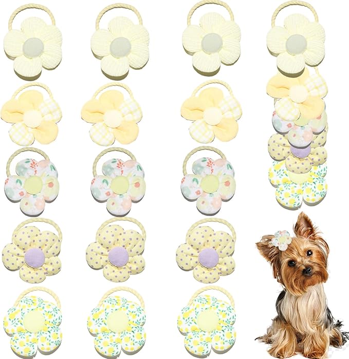 20 Pcs Handmade Cute Puppy Hair Bows, Flower Bowknot with Rubber Bands for Small Dog Hair Ties Accessories Light Yellow