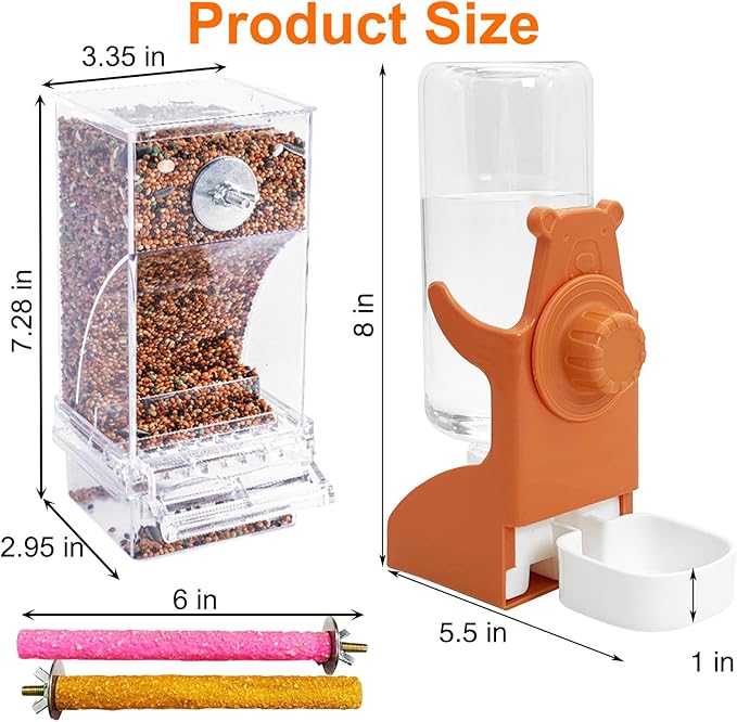 VCEPJH No Mess Bird Feeder and Water Dispenser Automatic Parrot Feeder Cage Accessories Orange Bird Drinker Parakeet Seed Dispenser with Cage Perch for Lovebirds Conures Budgies Canary Finch (Orange)