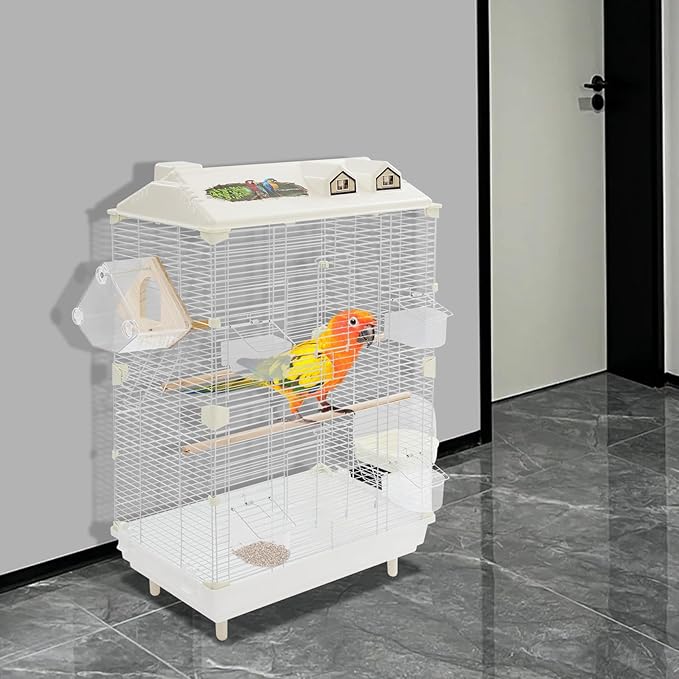 Two-Tier Bird Cage, 30 Inch Pigeons Parrot Birdcage with Safe Rotary Door Lock, White Parakeet Cage for Small to Medium Birds, Easy Access Double Doors. (D)