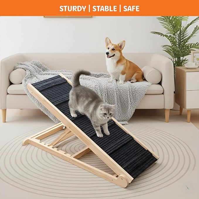 Large Dog Ramp for Bed and Couch Non Foldable Wooden Adjustable Pet Stairs for Dogs and Cats 41.3" Non Slip Ramp with 6 Height Settings Upto 25.6" Puppies, Pets, Indoor Outdoor Use