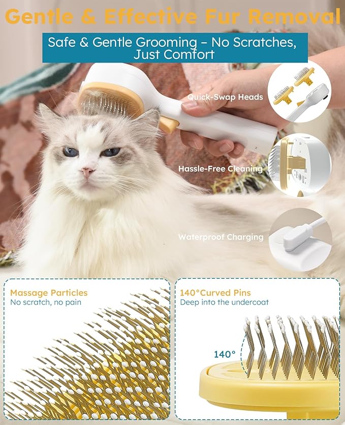 Cat Steam Brush for Cats & Dogs, Pet Steam Brush 3-in-1 with 2 Mist Modes, One-Touch Self Cleaning, Magnetic Safe Charging, Cat Hair Brush for Shedding, Dog Brush for Shedding, Yellow (Long Head)