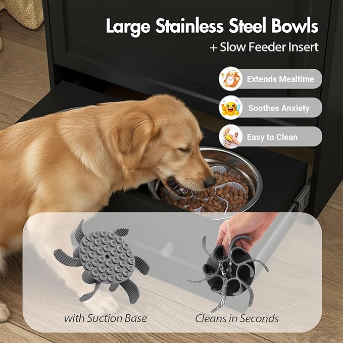 Elevated Dog Feeding Station with Storage Cabinet, 5.3" Pull-Out Hidden Bowls, Dog Food Organizer for Medium Large Dogs with Slow Feeder, Stainless Steel Bowls & Side Hooks (Black)
