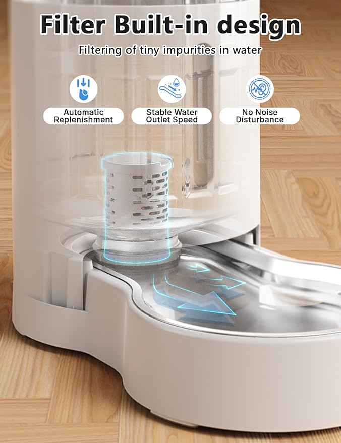 Cat Water Dispenser with Filter and Stainless Steel Bowl, Automatic Gravity Water Dispenser for Cats or Small Medium Size Dogs, Large Capacity, Easy to Clean and Safe for Pets (4L White)