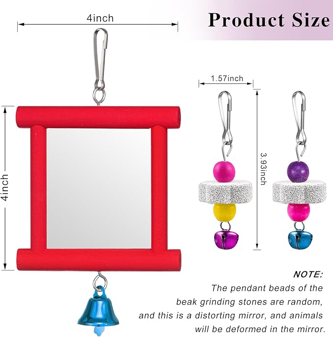 Sumind 2 Pieces Chicken Mirror Toys Hanging Swing Mirror with Bell Wooden Pecking Toy and 4 Pieces Beak Grinding Molar Stones for Hens Birds Parrots (Red,Green)