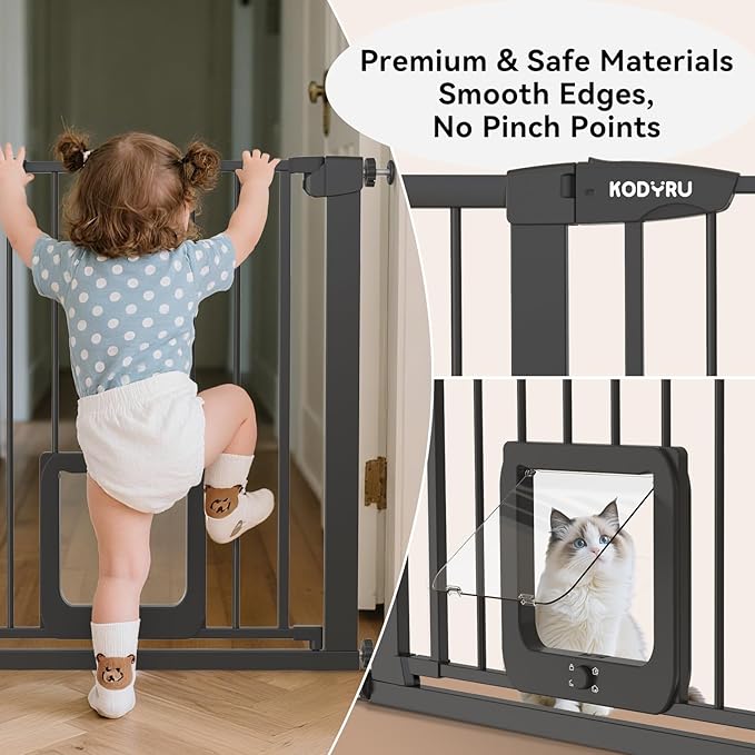 30 Inch Tall Dog Gate with Cat Door, Adjustable Width (29.7-57 Inches) for Doorways, Hallways & Stairs, Pressure-Mounted Walk-Through Dog Gate with Auto-Close & Double Lock Safety（Black）