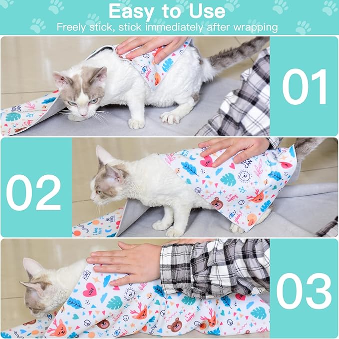 17.7" Cat Grooming Wrap, Cat Wrap for Cutting Nails, Self-Adherent Fabric Wrap for Cats, Cat Burrito Wrap Anti-Scratch, Anti-Escape, Multifunctional Swaddle Wrap Pet Tool (Floral, Medium)