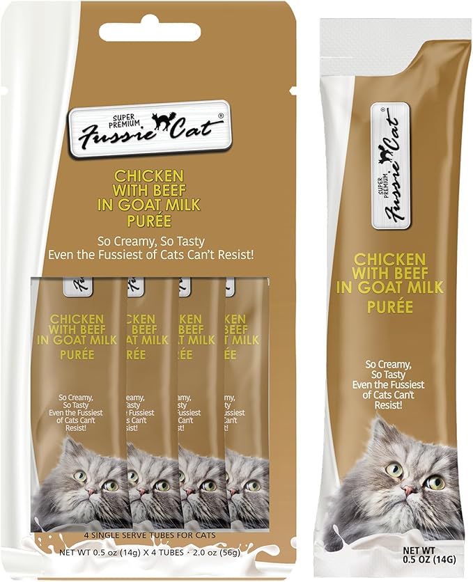Fussie Cat Super Premium Chicken with Beef in Goat Milk Puree, lickable cat Treats, 0.5oz Pouch Pack of 4
